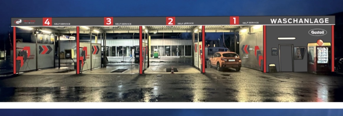 Beleuchtete Waschhalle der Anlage in Bellach bei Nacht